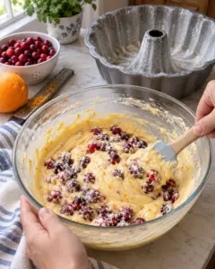 Cranberries folded into orange cake batter beside a prepared Bundt pan