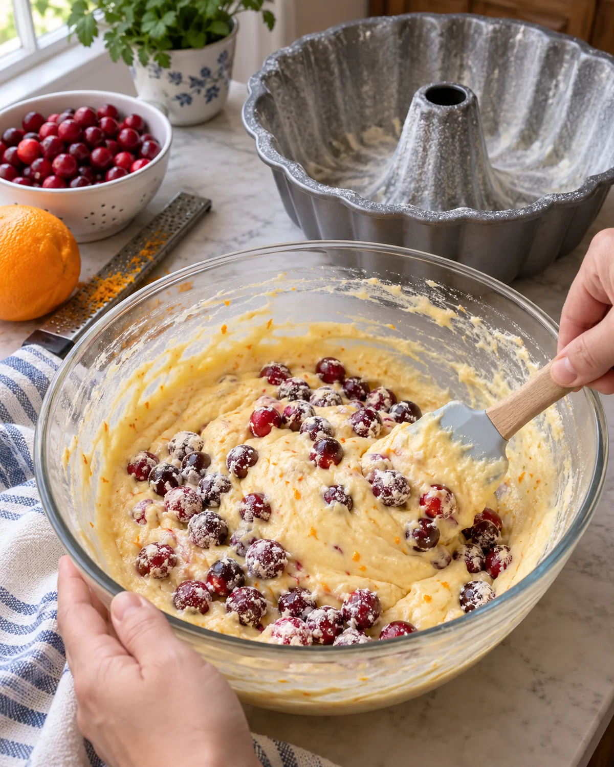 Cranberries folded into orange cake batter beside a prepared Bundt pan