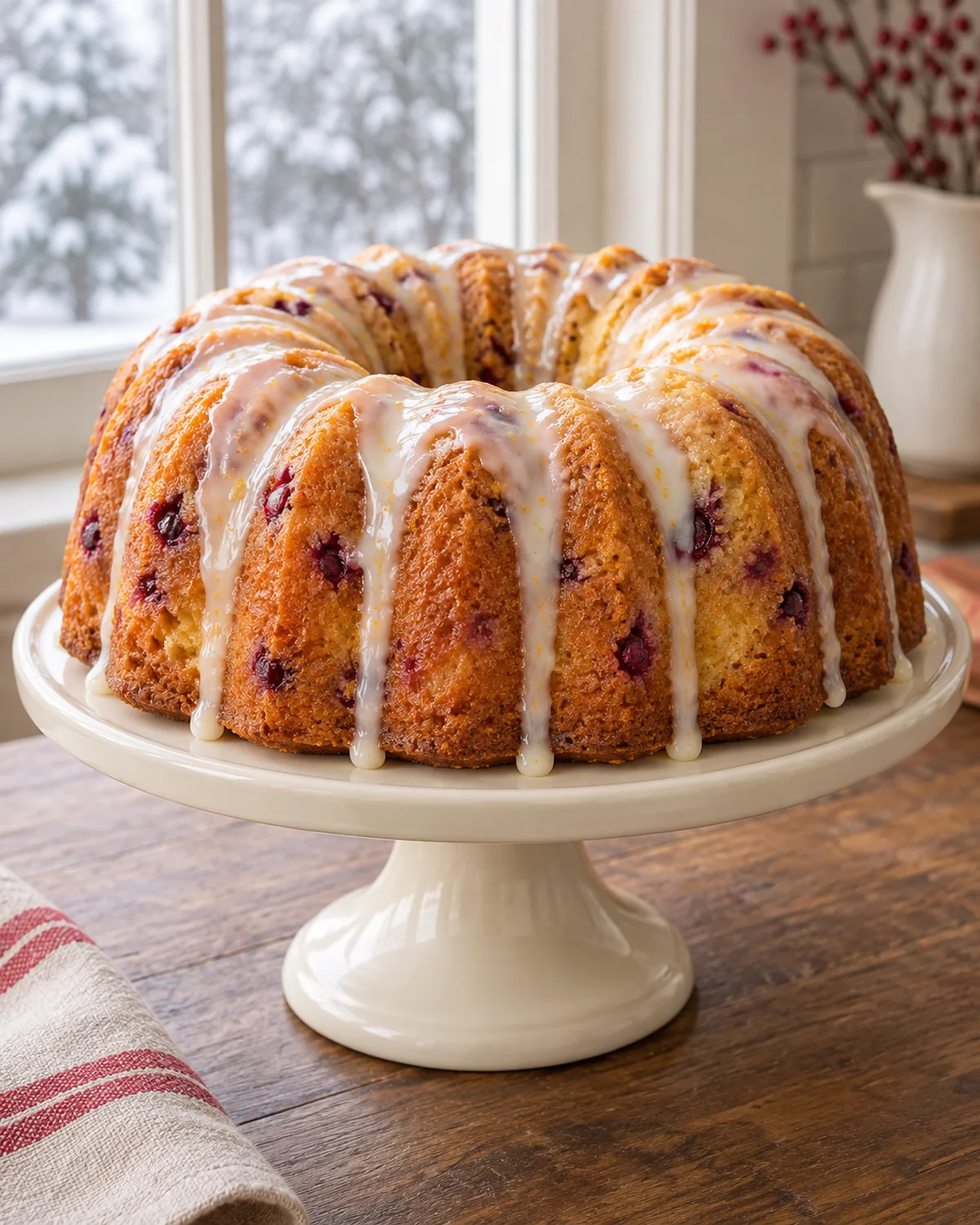 Glazed cranberry orange Bundt cake with baked cranberries and orange zest