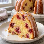 Slice of cranberry orange Bundt cake with cranberry pieces and orange glaze