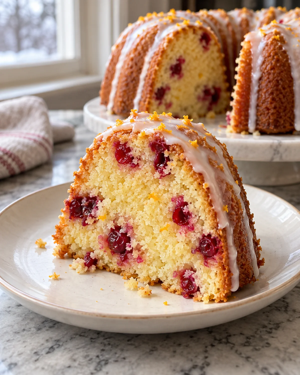 Slice of cranberry orange Bundt cake with cranberry pieces and orange glaze
