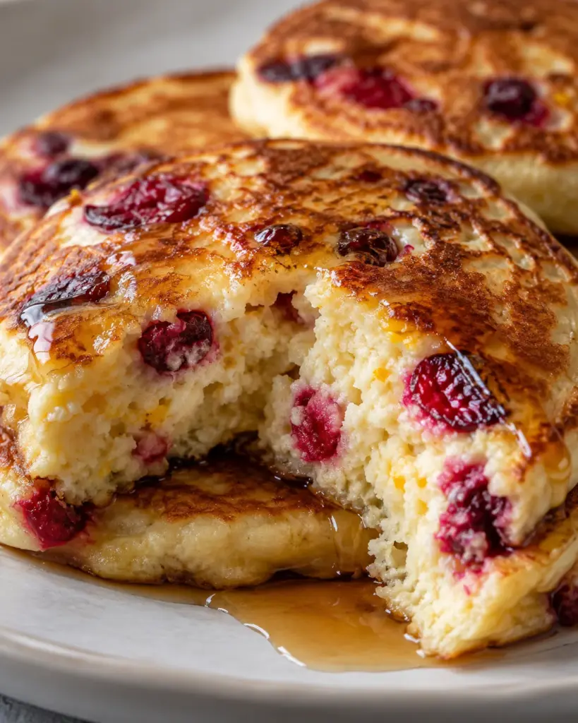 Close-up of a cut cranberry orange ricotta pancake showing fluffy crumb, cranberry pieces, and golden edges