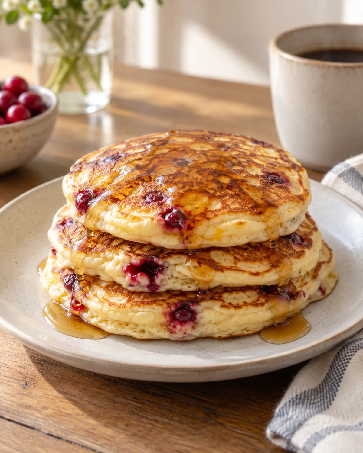 Finished stack of cranberry orange ricotta pancakes with maple syrup on a breakfast plate