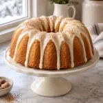 Glazed eggnog Bundt cake with nutmeg on a cake stand
