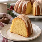 Slice of eggnog Bundt cake showing tender crumb and eggnog glaze