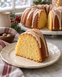 Slice of eggnog Bundt cake showing tender crumb and eggnog glaze