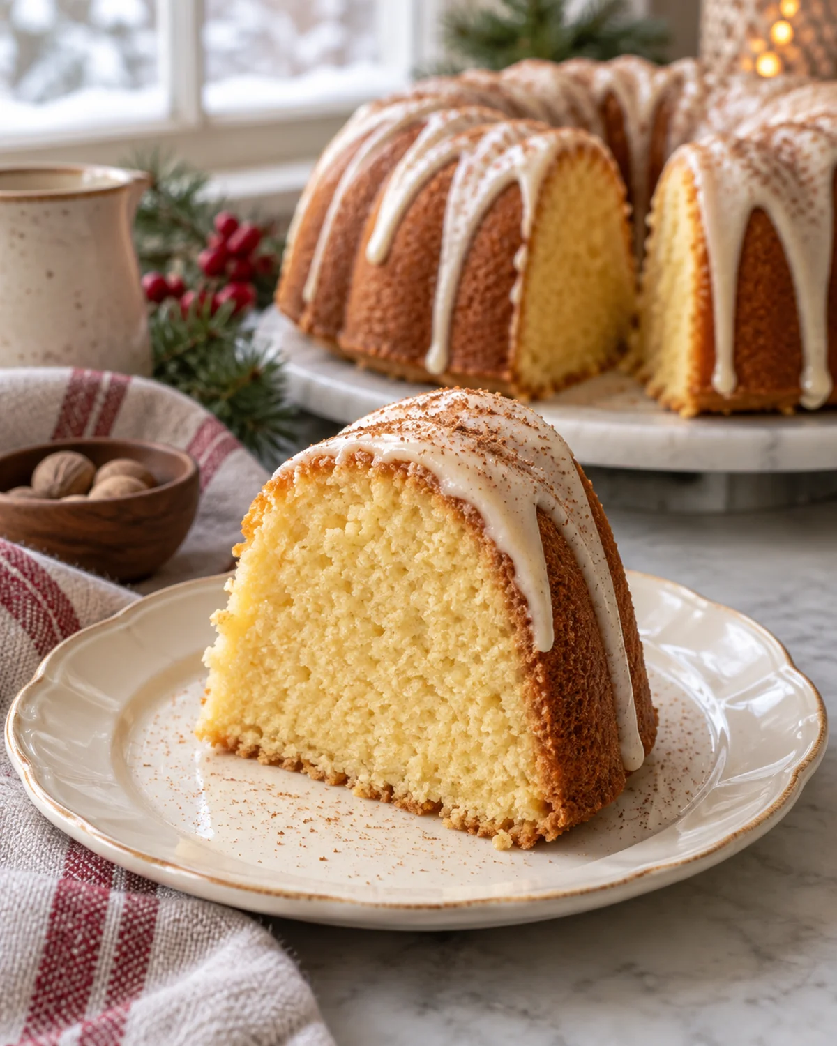 Slice of eggnog Bundt cake showing tender crumb and eggnog glaze