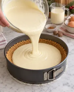 Eggnog cheesecake filling poured over a pressed graham cracker crust