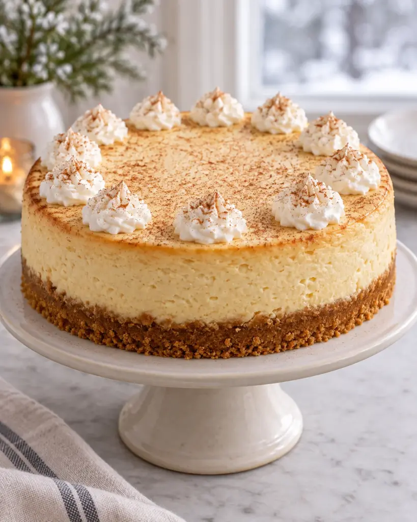 Whole eggnog cheesecake with whipped cream and ground cinnamon