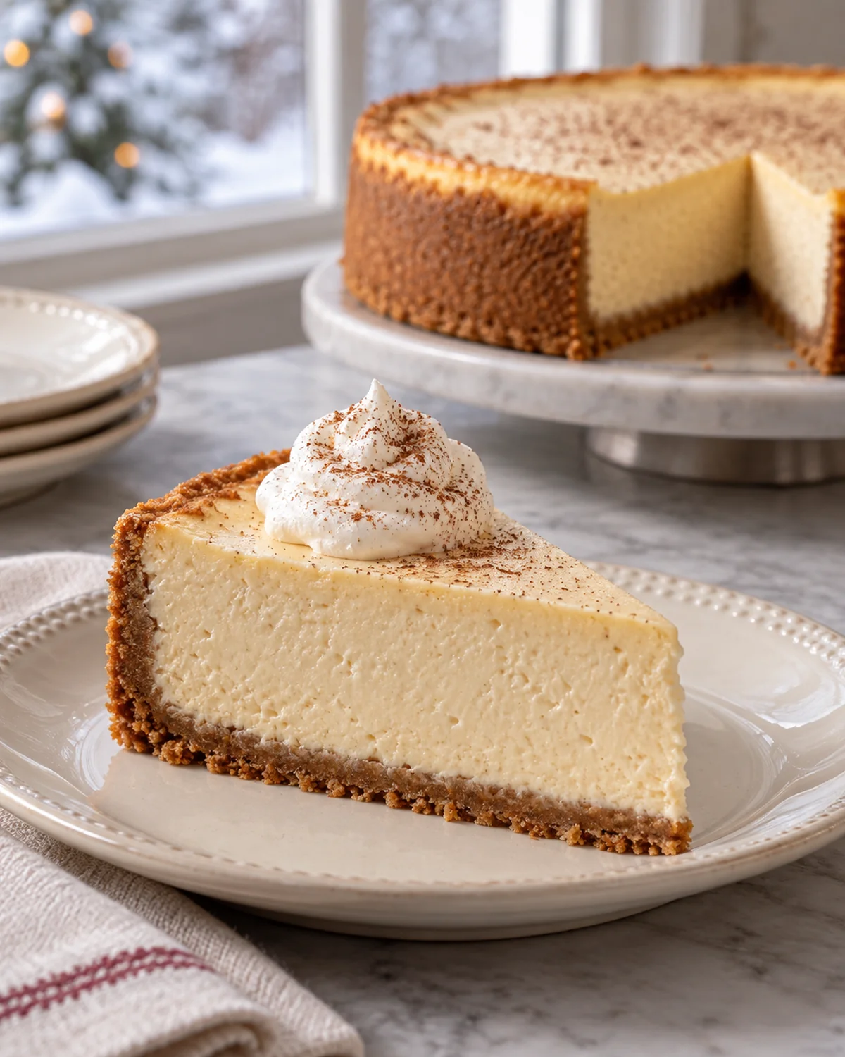 Slice of eggnog cheesecake with graham cracker crust and whipped cream