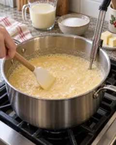 Eggnog fudge mixture cooking in a saucepan with a candy thermometer