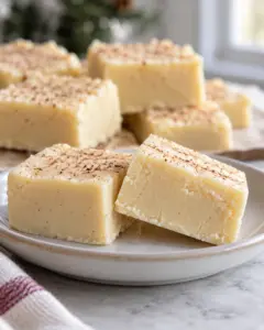 Cut eggnog fudge squares showing a creamy set center