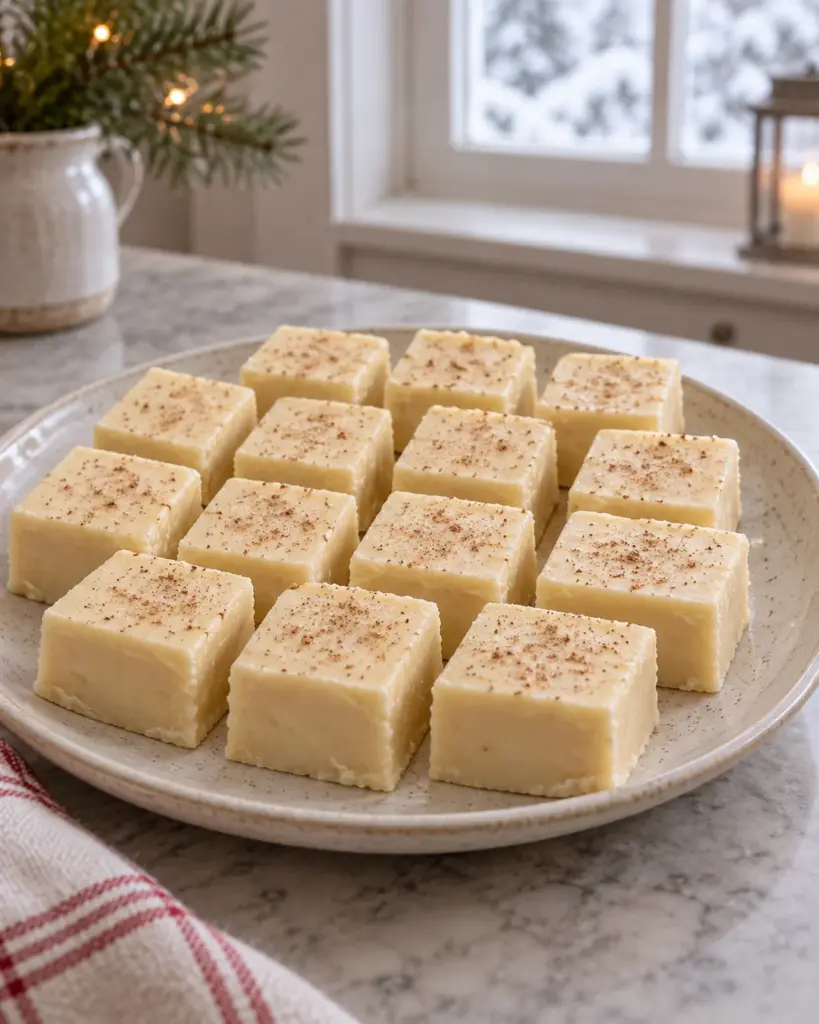 Eggnog fudge squares dusted with nutmeg on a plate
