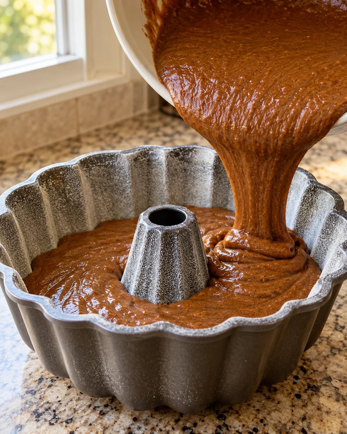 Gingerbread cake batter pouring into a floured fluted Bundt pan