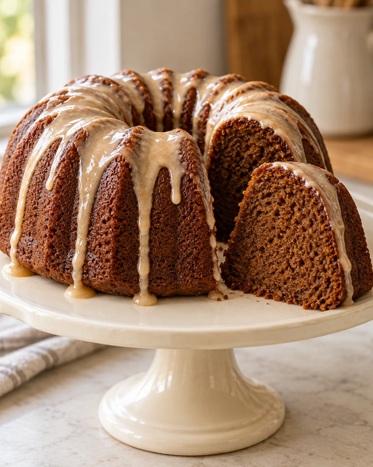 Whole glazed gingerbread Bundt cake with a cut slice showing its dark crumb