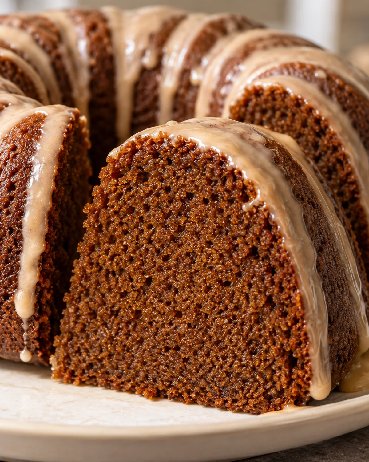 Close-up slice of glazed gingerbread Bundt cake showing moist dark crumb and ridged crust