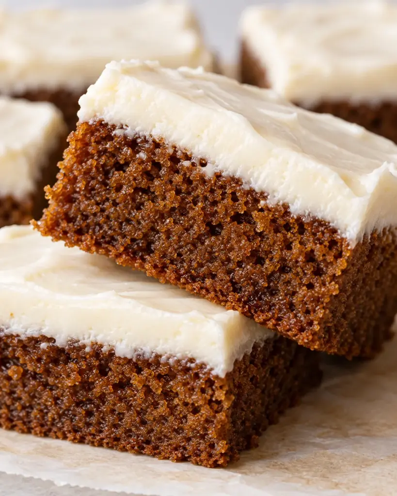 Cut frosted gingerbread cookie bars showing soft molasses crumb and cream cheese frosting