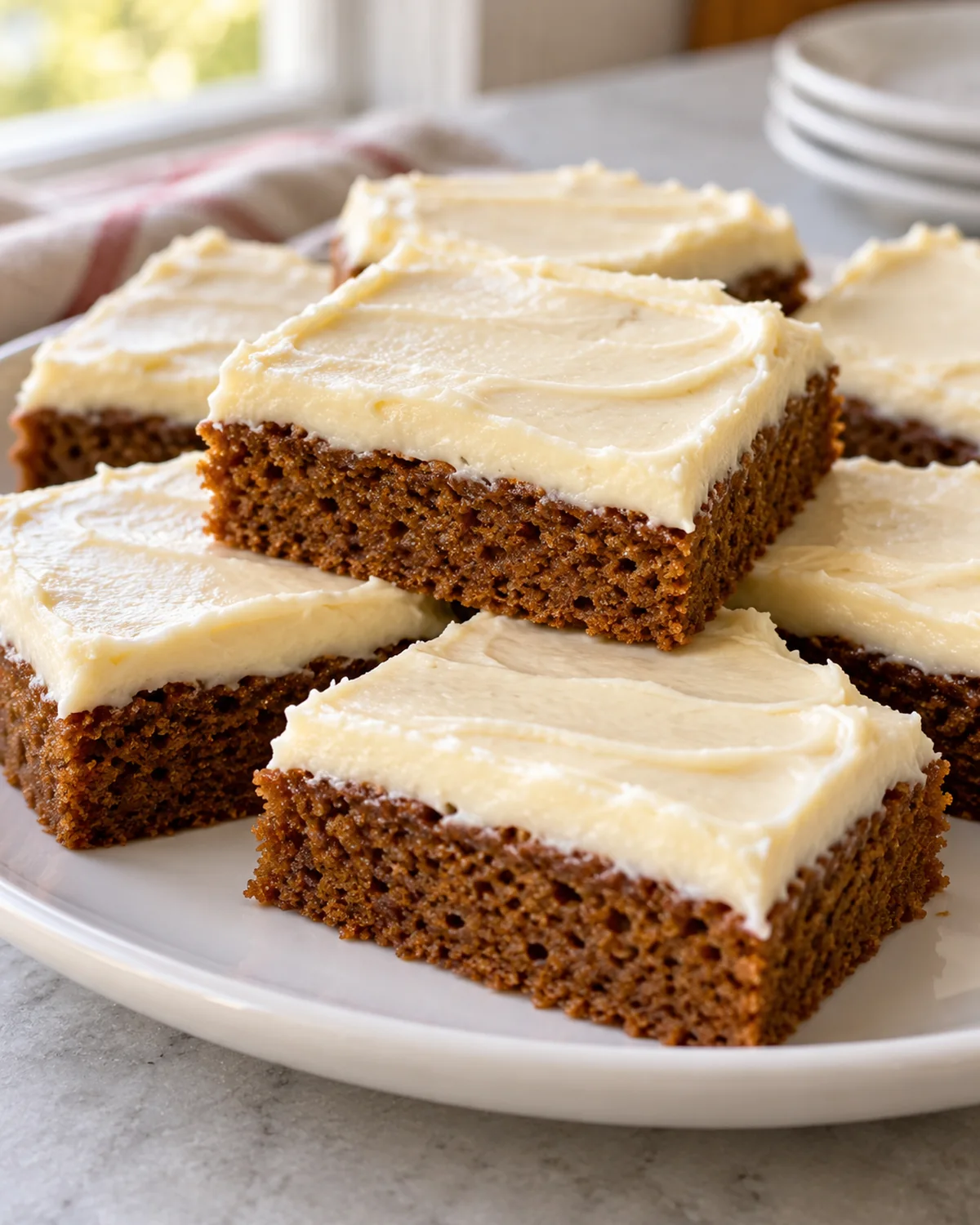 Frosted gingerbread cookie bars arranged on a white serving plate