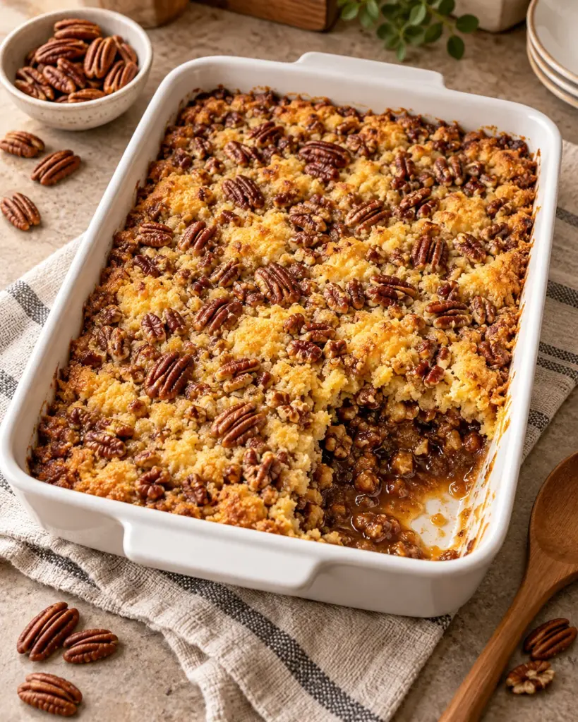 Pecan pie dump cake in a white 9x13-inch baking dish with golden cake mix topping, pecans, and a scoop removed.