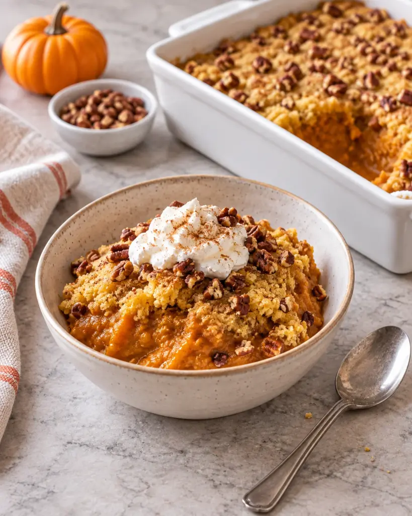 Scoop of pumpkin dump cake with creamy pumpkin filling, golden topping, pecans, and whipped cream.