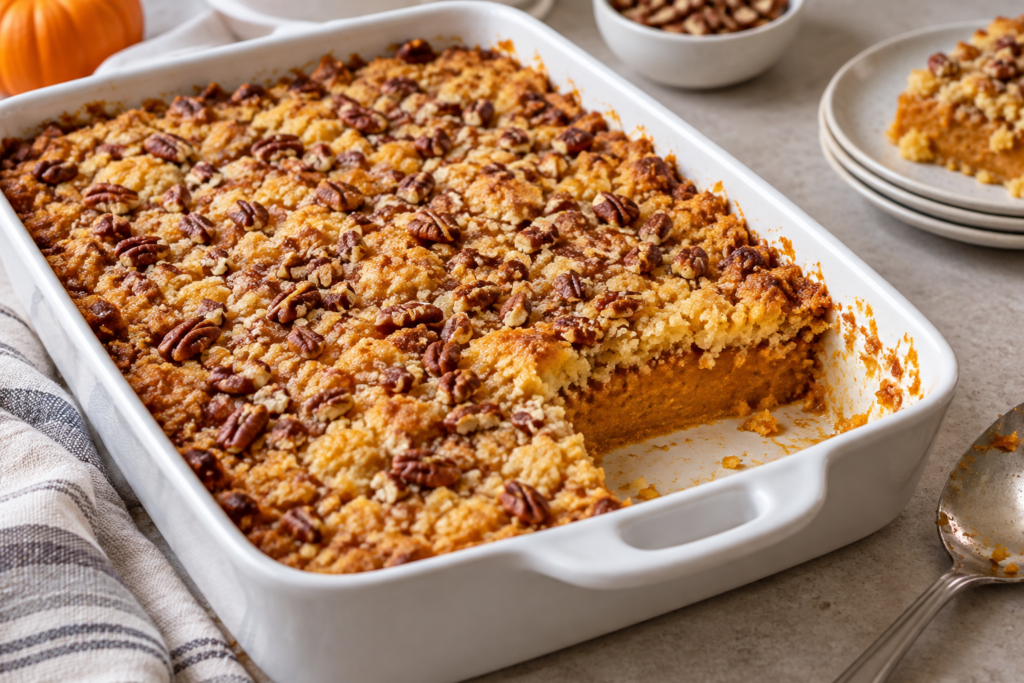 Pumpkin dump cake in a white baking dish with golden cake mix topping, pecans, and a scoop removed.