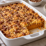 Pumpkin dump cake in a white baking dish with golden cake mix topping, pecans, and a scoop removed.