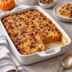 Pumpkin dump cake in a white baking dish with golden cake mix topping, pecans, and a scoop removed.