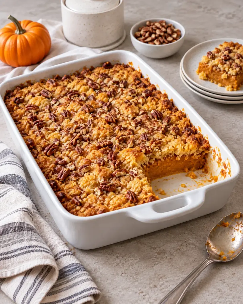 Pumpkin dump cake in a white baking dish with golden cake mix topping, pecans, and a scoop removed.