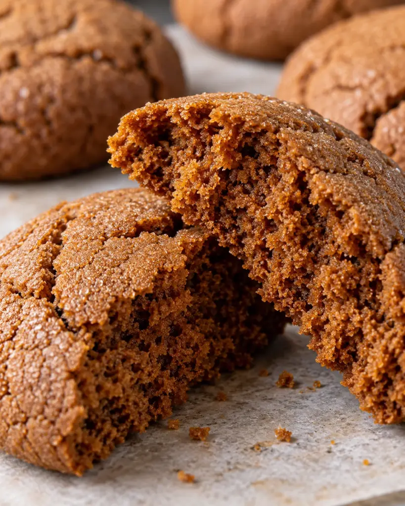 Broken soft gingerbread cookie showing its tender baked molasses crumb