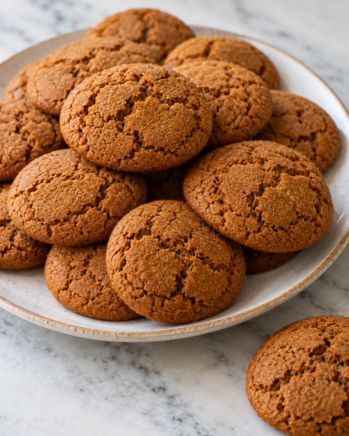 Plate of finished soft gingerbread cookies with gently crackled tops