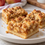 Apple pie bars with shortbread crust, cinnamon apple filling, and golden crumble on a white plate