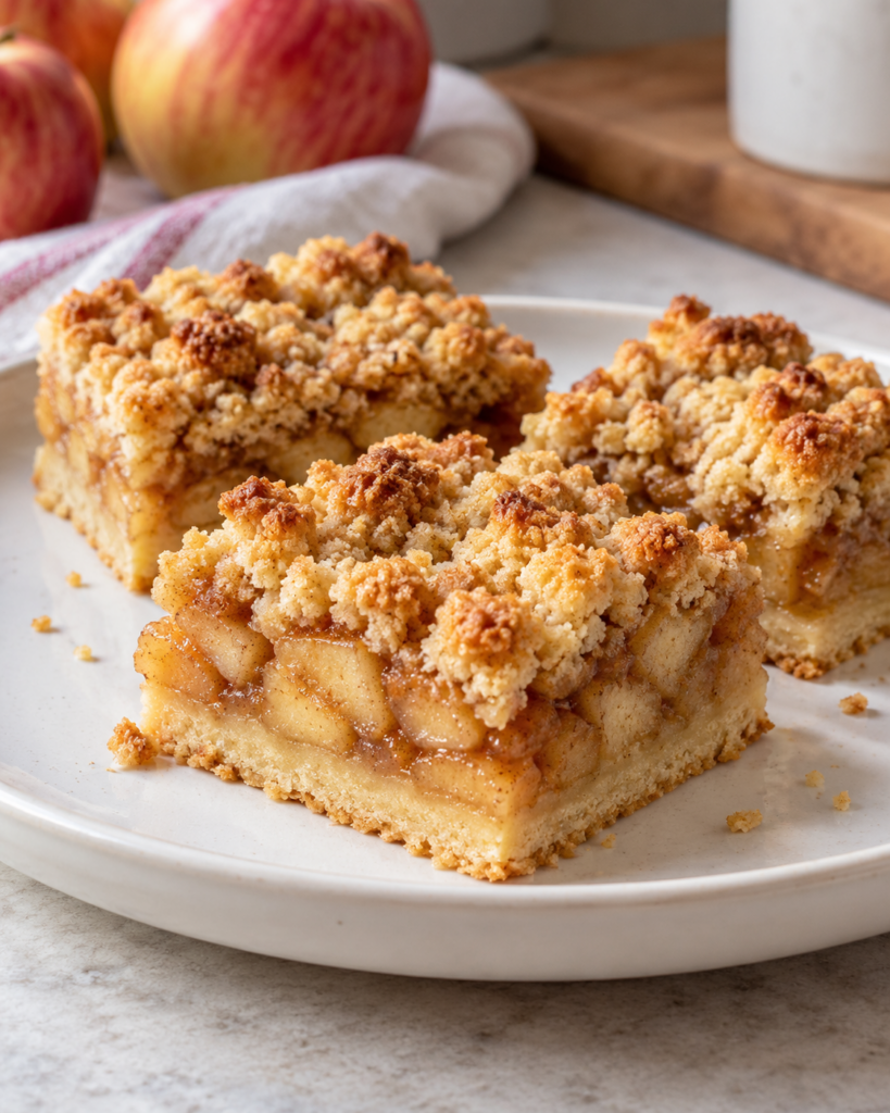 Apple pie bars with shortbread crust, cinnamon apple filling, and golden crumble on a white plate