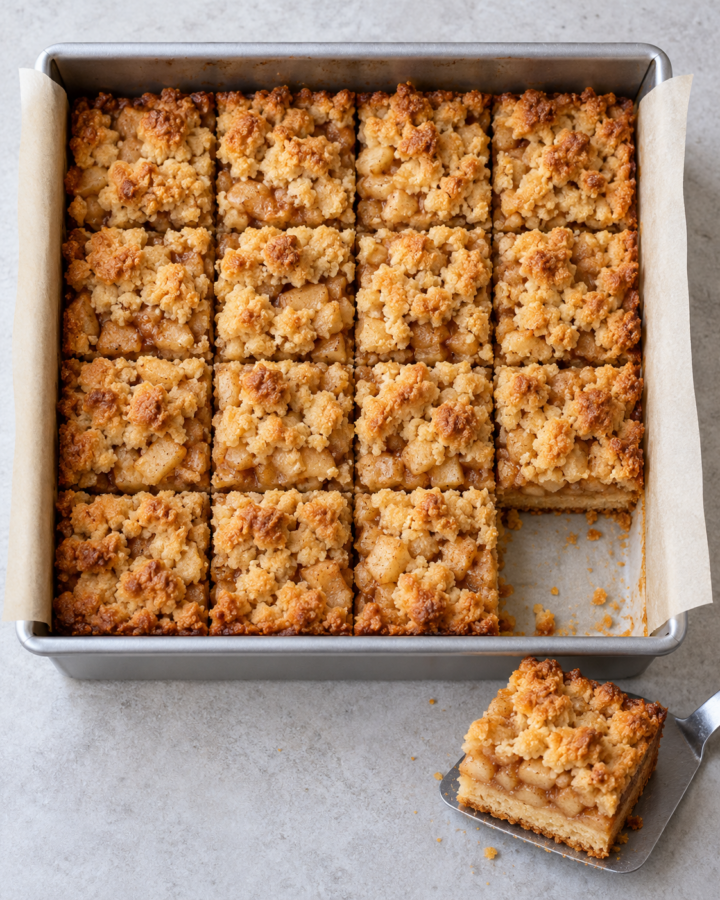 Apple pie bars cut into small squares in a parchment-lined pan with one bar on a spatula