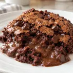 Served chocolate brownie pudding cake with a crackly chocolate-chip top and glossy chocolate sauce on a white plate