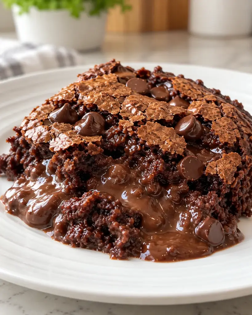 Served chocolate brownie pudding cake with a crackly chocolate-chip top and glossy chocolate sauce on a white plate