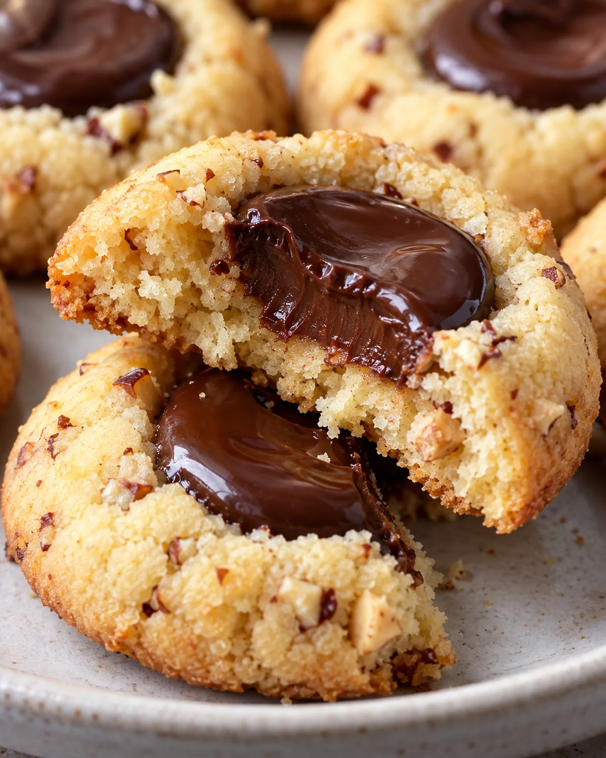 Broken golden hazelnut thumbprint cookie showing tender crumb and a chocolate ganache center
