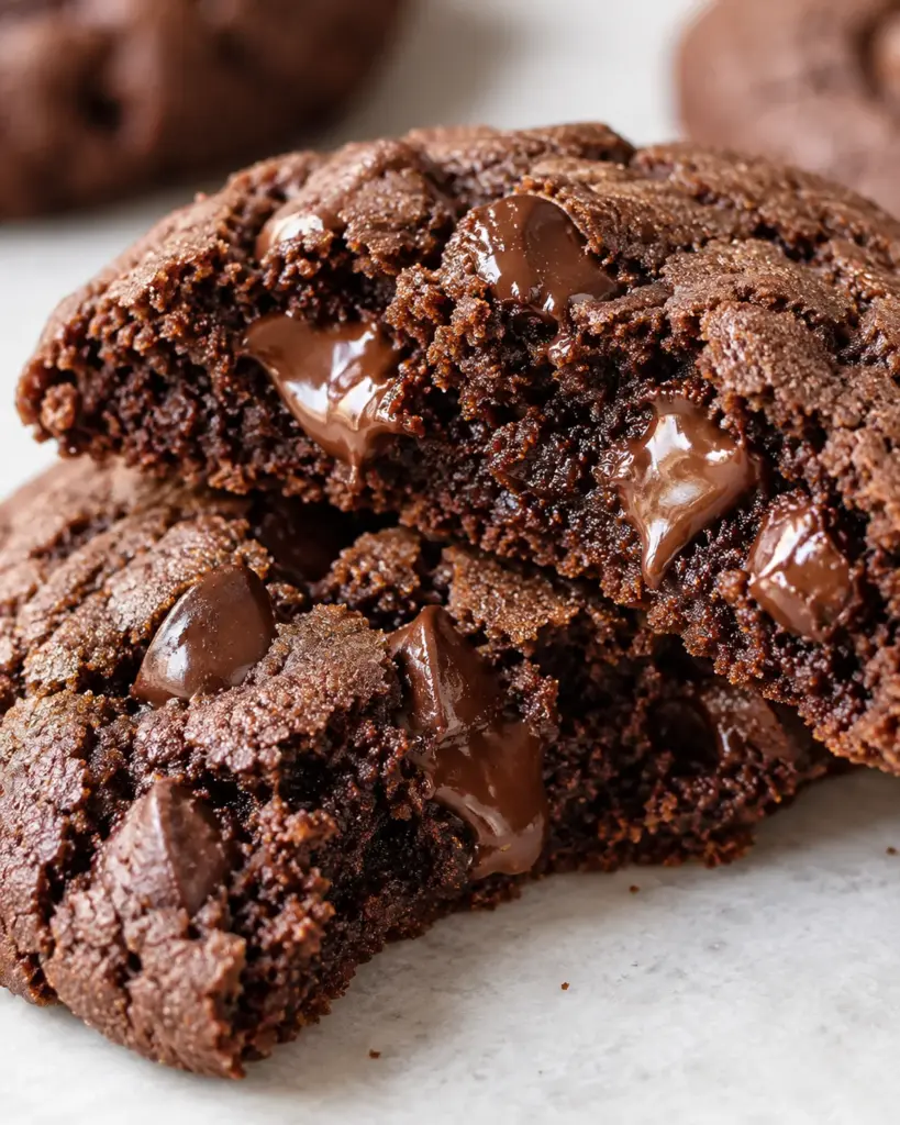 Broken hot chocolate cookie showing a chewy cocoa center and chocolate chips