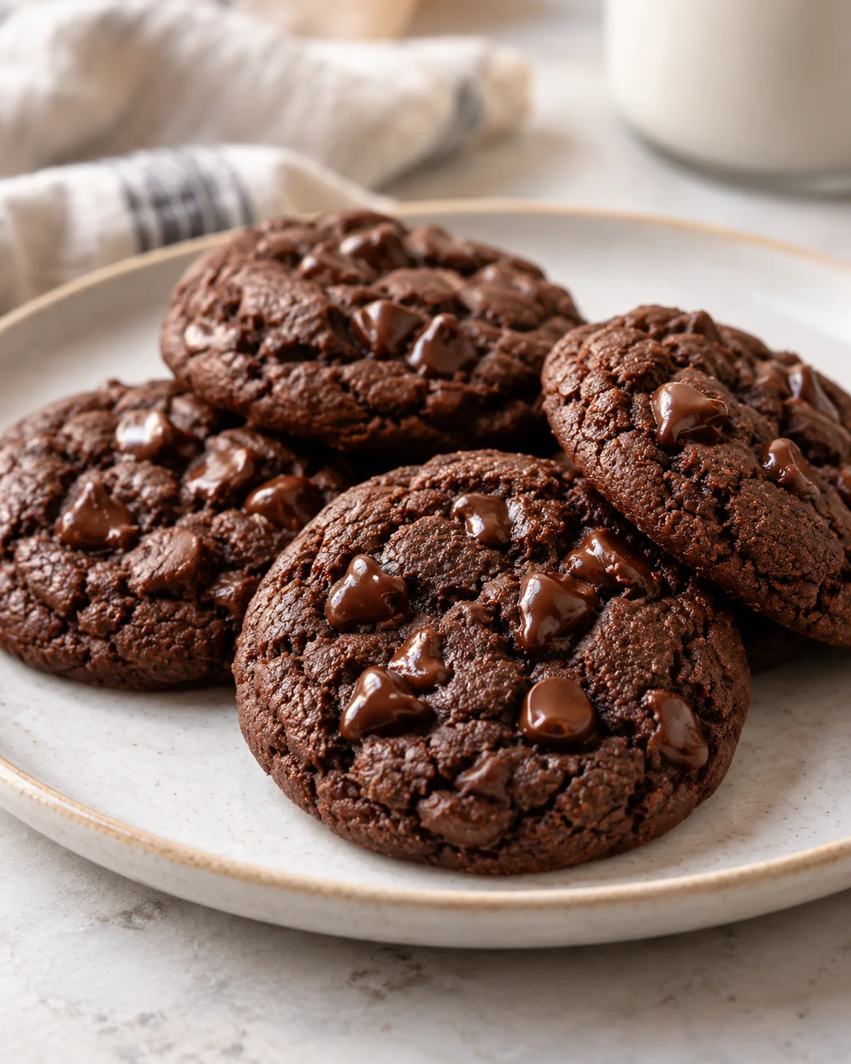 Finished chewy hot chocolate cookies with chocolate chips arranged on a plate