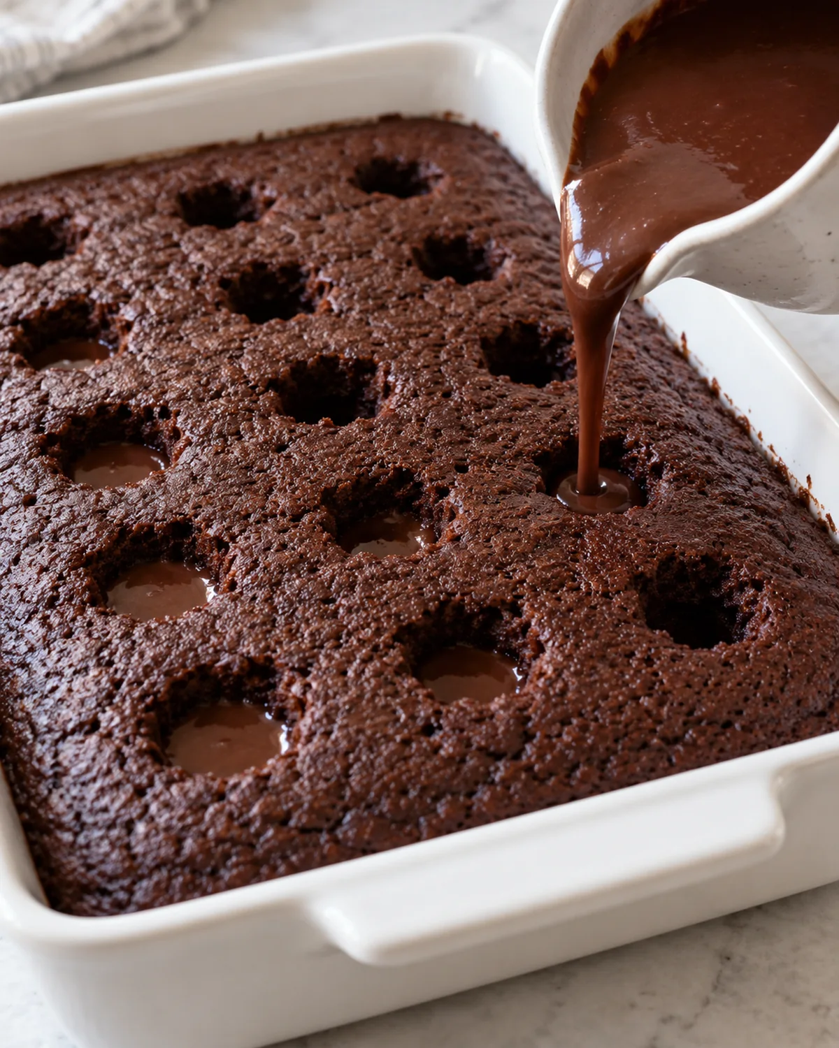 Hot cocoa filling being poured into evenly spaced holes in a baked chocolate cake in a 9x13-inch pan