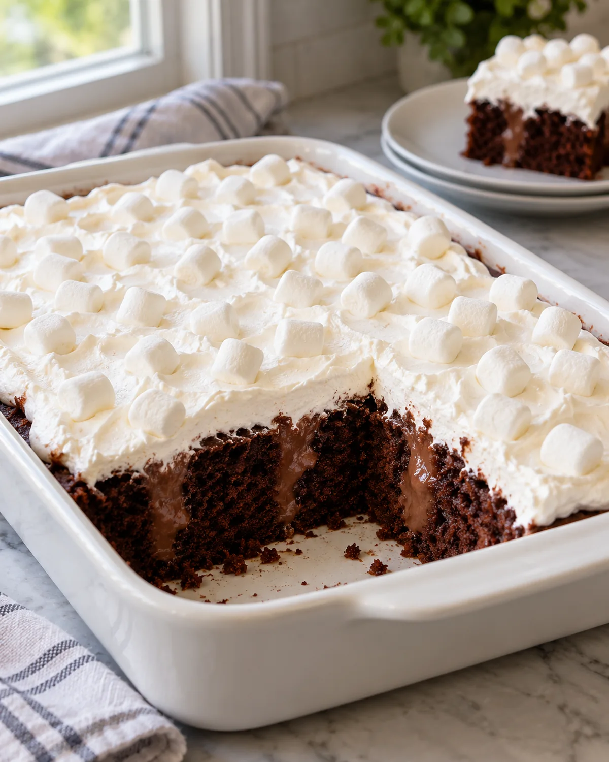 Finished hot chocolate poke cake in a white baking dish with marshmallow topping and a serving removed