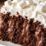 Close-up slice of hot chocolate poke cake showing moist chocolate crumb, cocoa filling in the poke holes, and marshmallow topping