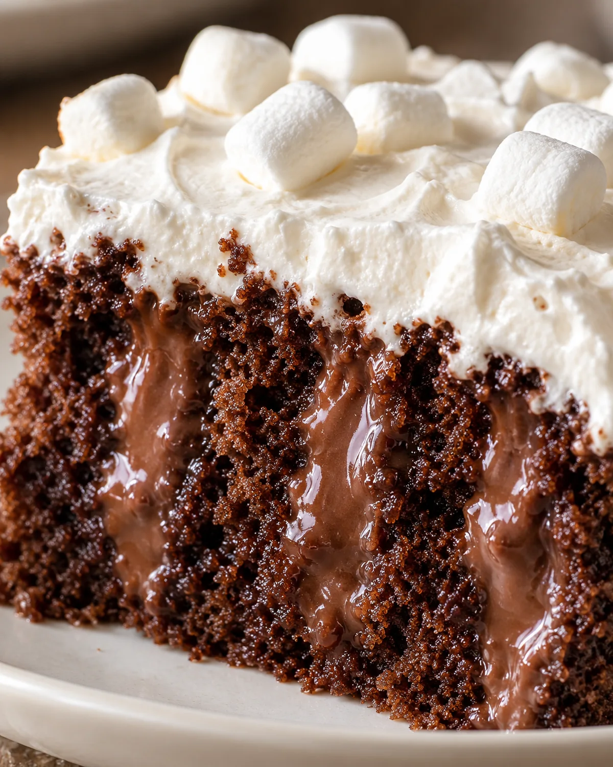 Close-up slice of hot chocolate poke cake showing moist chocolate crumb, cocoa filling in the poke holes, and marshmallow topping