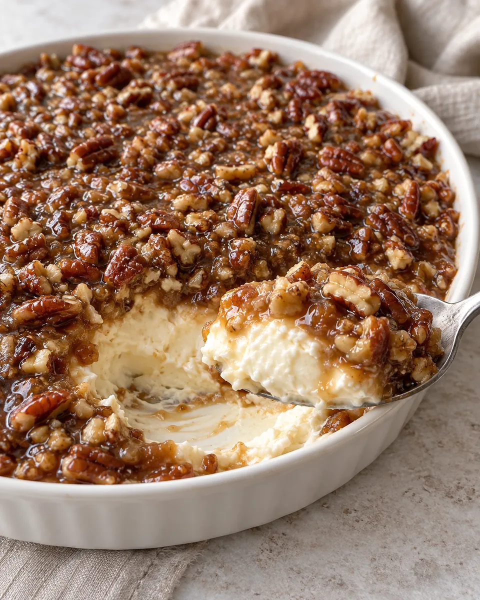 Spoonful of pecan pie dip showing the ivory cream cheese base and glossy chopped pecan topping