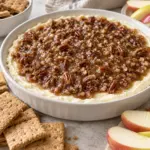 Pecan pie dip with chopped pecan topping in a white dish beside graham crackers and apple slices