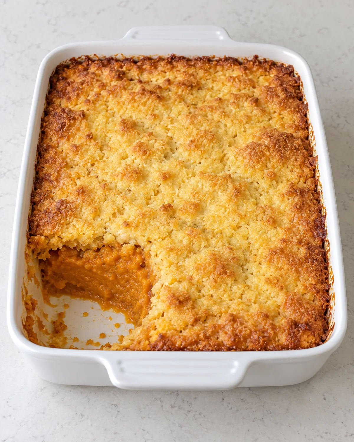 Finished sweet potato dump cake in a white baking dish with one serving scooped out