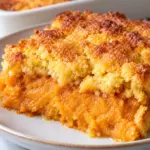 Served sweet potato dump cake with creamy orange filling and a golden buttery cake mix topping