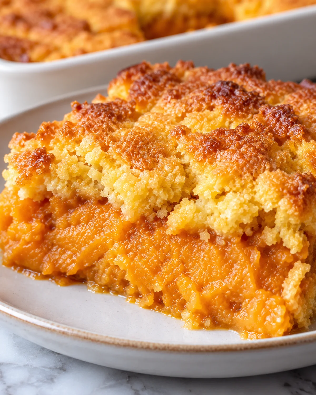 Served sweet potato dump cake with creamy orange filling and a golden buttery cake mix topping