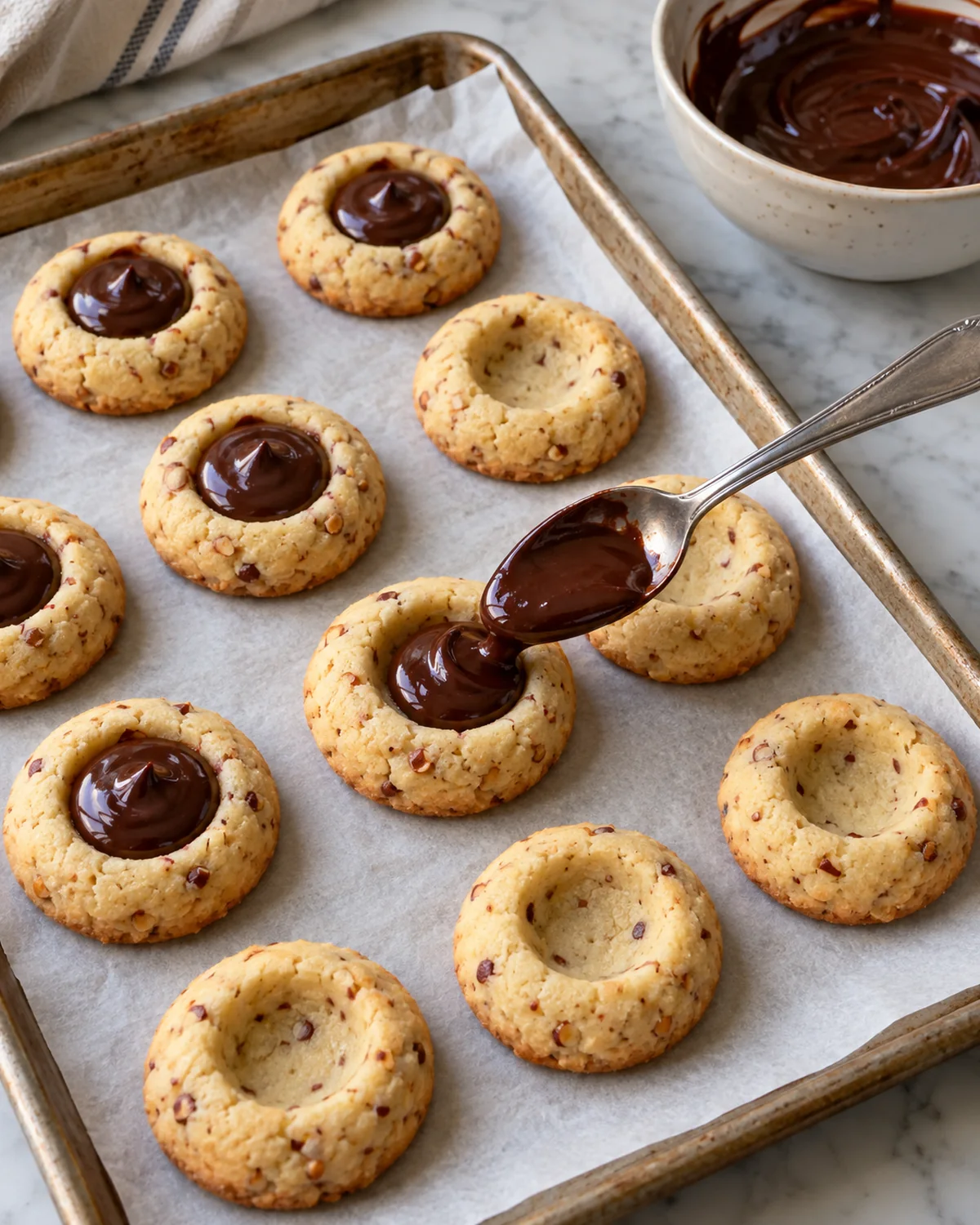 Spoon filling cooled golden hazelnut thumbprint cookies with chocolate ganache on a parchment-lined baking sheet