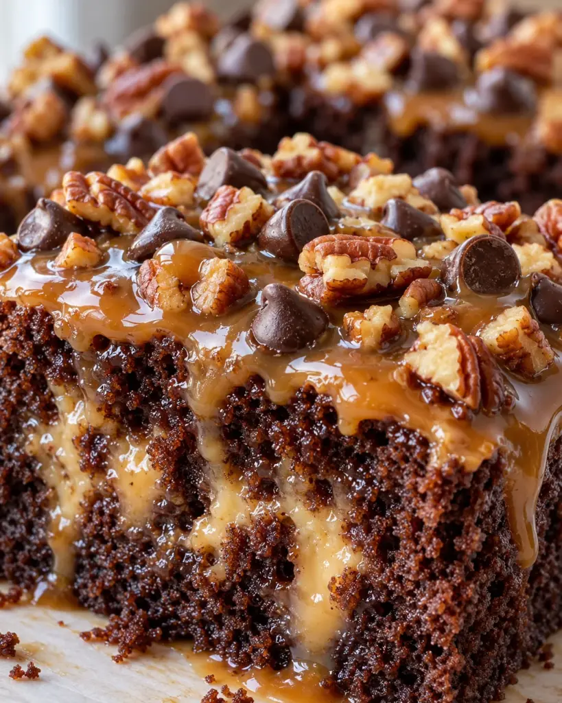 Close-up slice of turtle poke cake showing chocolate crumb, caramel-filled holes, chocolate chips, and pecans