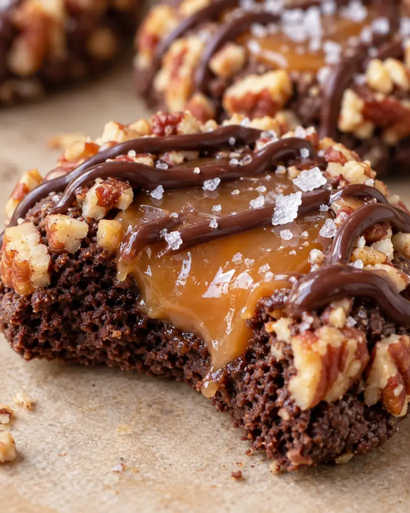Broken turtle thumbprint cookie showing soft chocolate crumb, caramel center, pecan edge, and chocolate drizzle